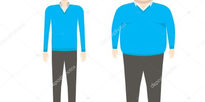 Fat and slim man before and after weight loss. Diet and fitness. Thin and fat. Obesity. From fat to thin. Before and after. Vector Illustration.